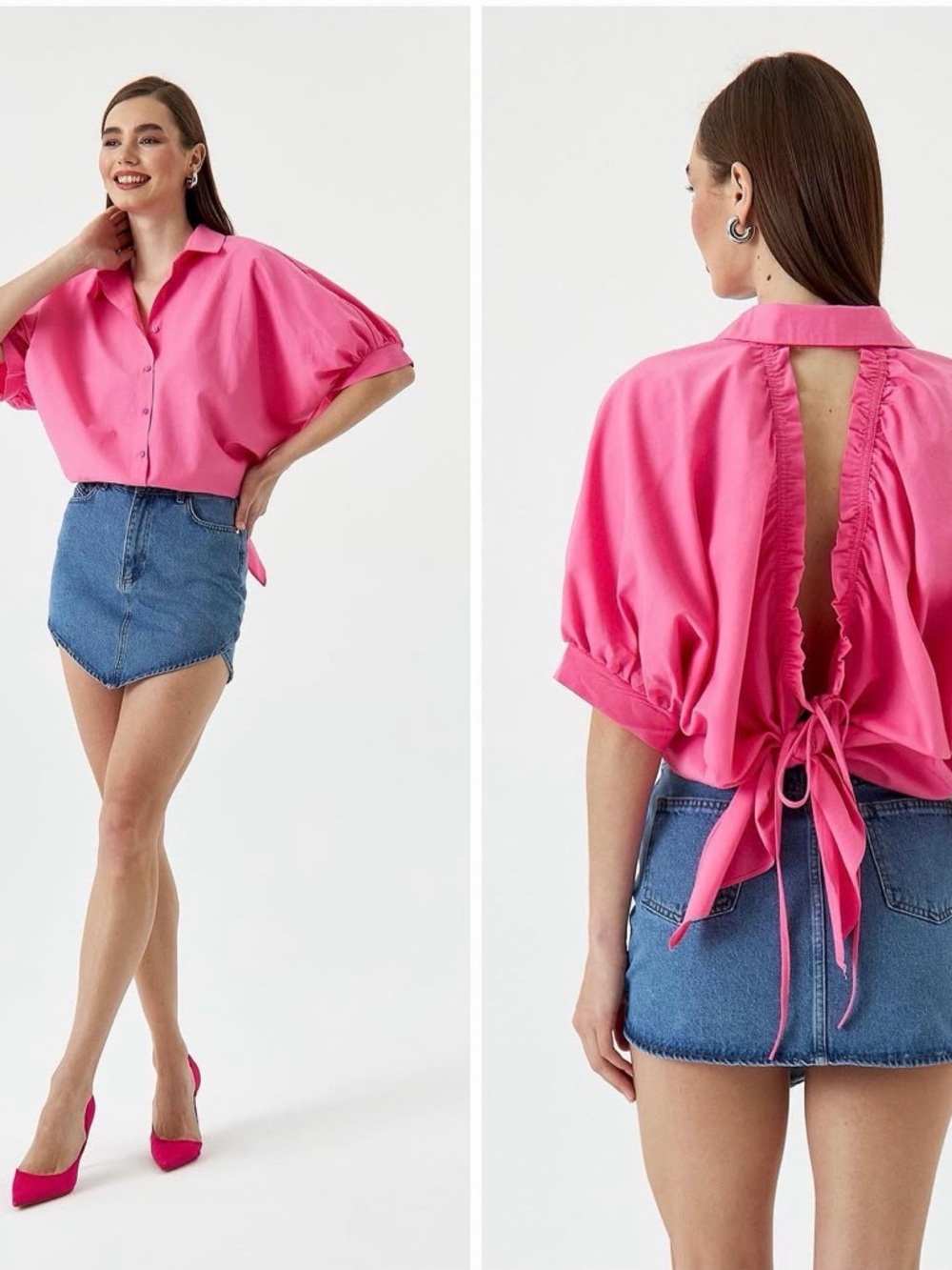 Open-Back Button Front Blouse in Bright Pink